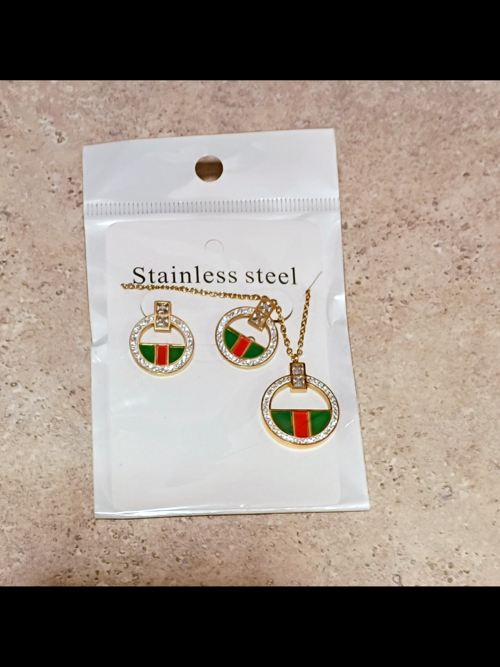 Gold Stainless Steel Necklace and Earring Set with Green and Red Enamel